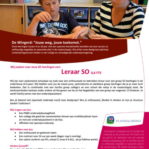 2026-04 vacature De Wingerd leerkracht SO